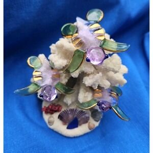 Art Glass Hand Blown 3 Sea Turtles Ocean Coral Scene Gold Gilt Marine Coastal 5"